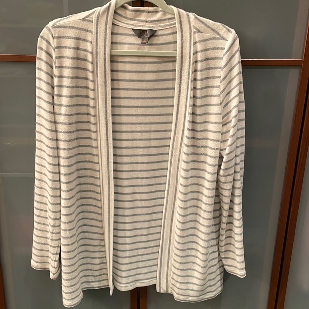 Worn once- grey and white stripped cardigan. Size M